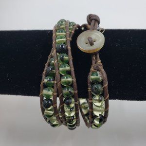 Brown Wrap Bracelet with Green and Clear Glass Beads-Glows Uranium Glass